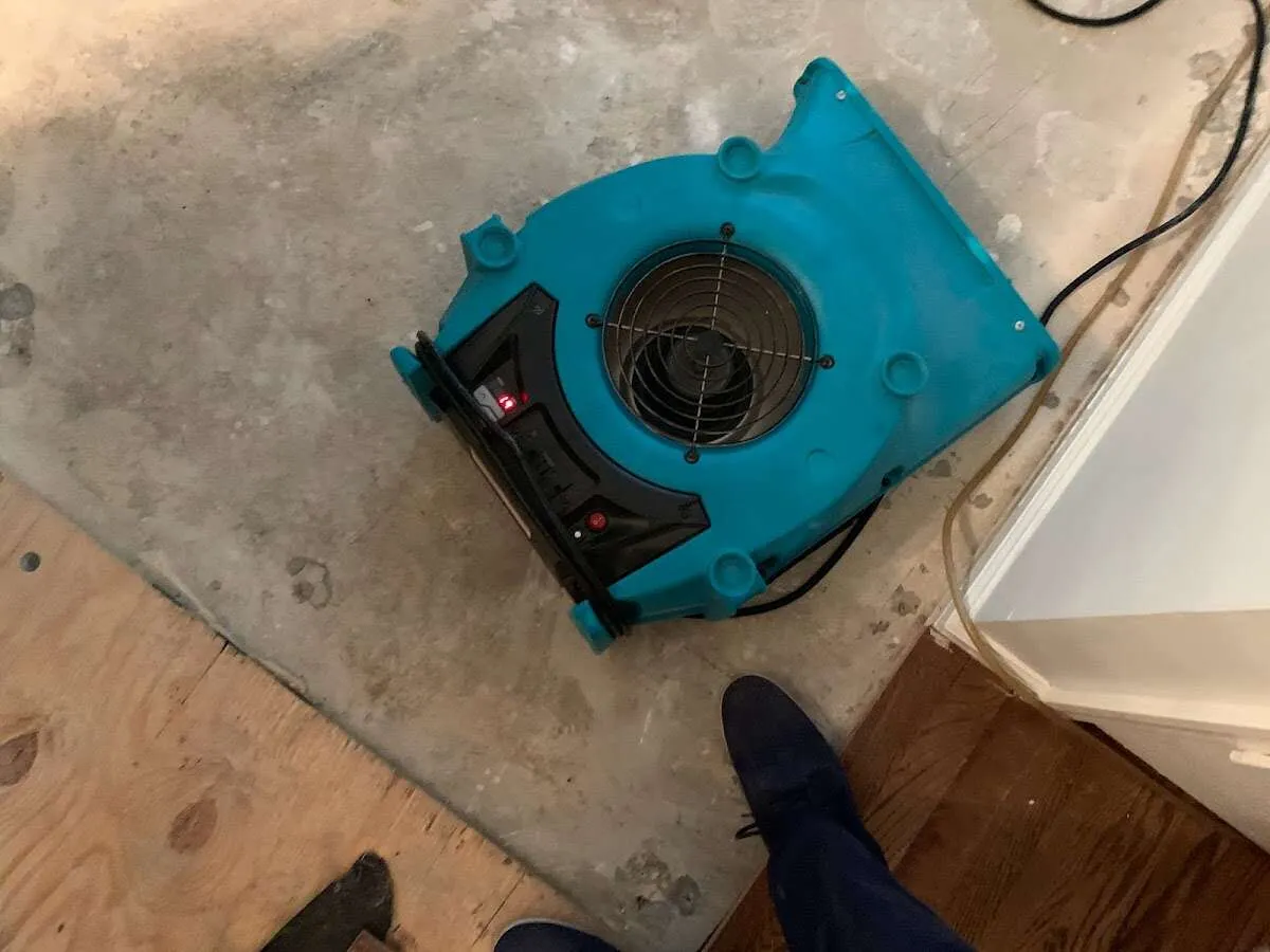 Air mover drying subfloor during Leak Detection & Repair in Owensboro